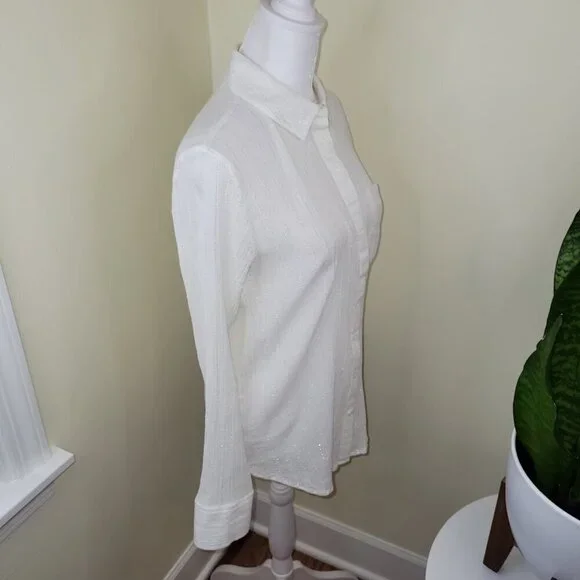 Treasure & Bond Button Up Blouse Ivory W/Silver Thread Collared Women's Size XS - Picture 10 of 15